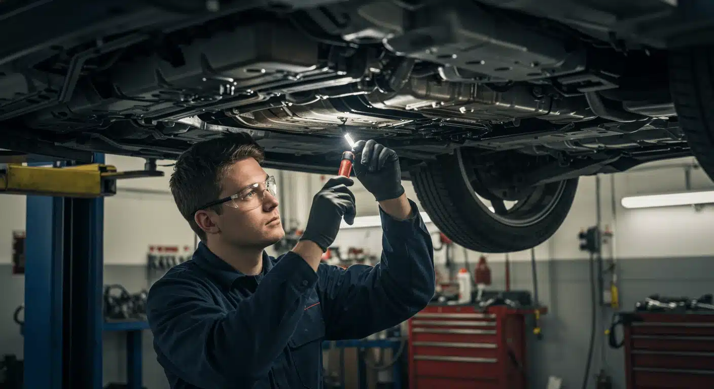 Mechanic inspecting car underbody on hoist for roadworthy safety check